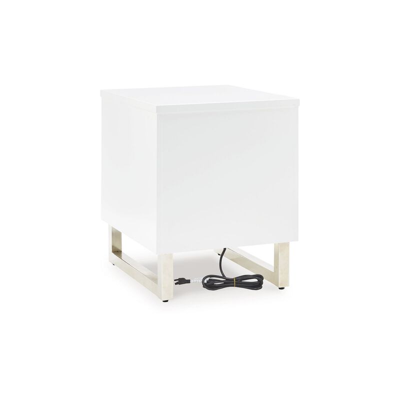 Tonny Chair Side Table, Dual USB Ports, Black Glass, White, 24 Inch - Benzara