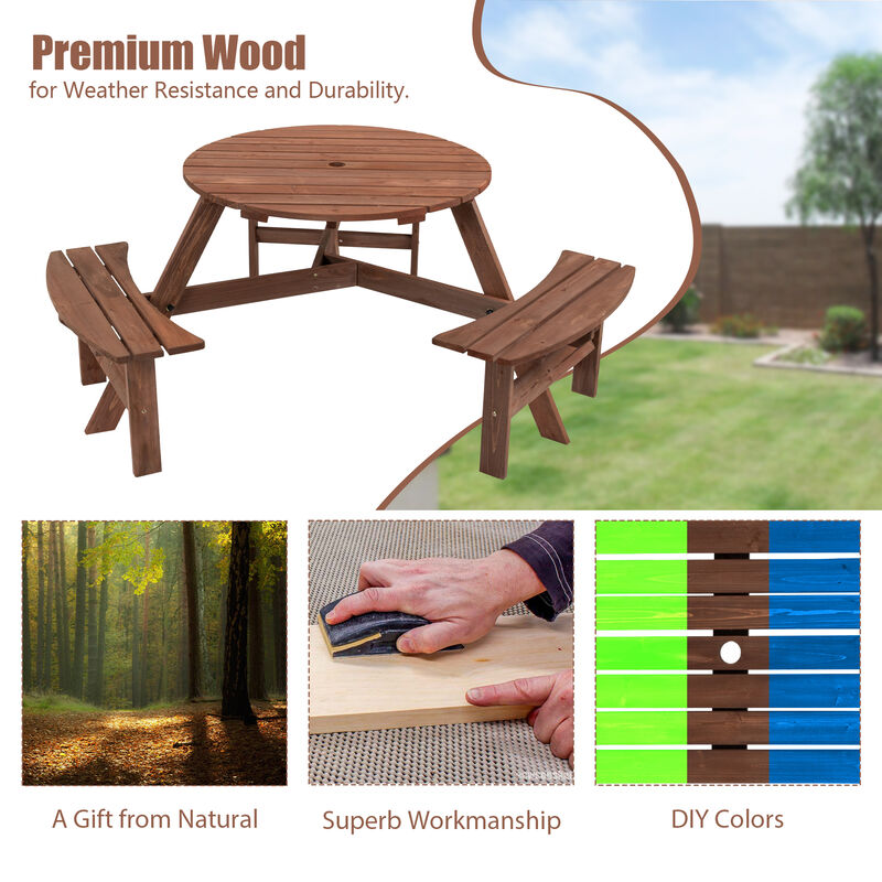 6-Person Outdoor Circular Picnic Table Patio Dining Set with 3 Built-in Benches for Backyard & Garden