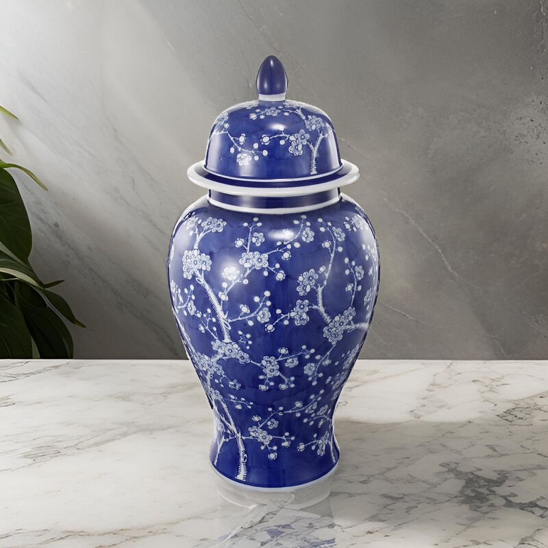 18 Inch Porcelain Ginger Jar, Finial Lid and Round Curved, Blue Flowers-Benzara