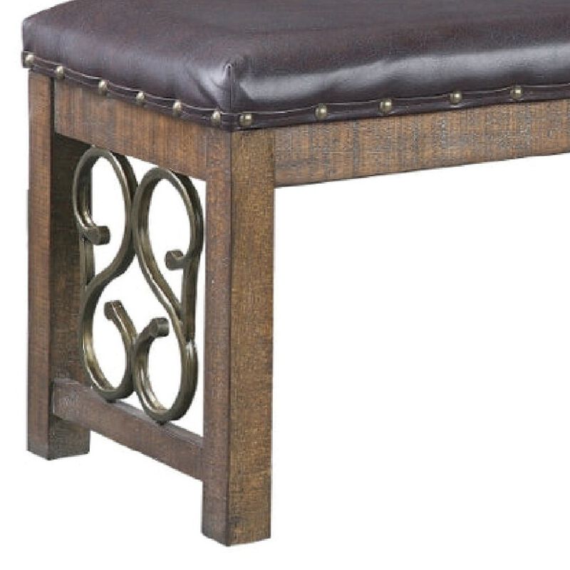 Ral 56 Inch Solid Wood Padded Bench, Metal Scroll Design, Nailhead, Brown-Benzara