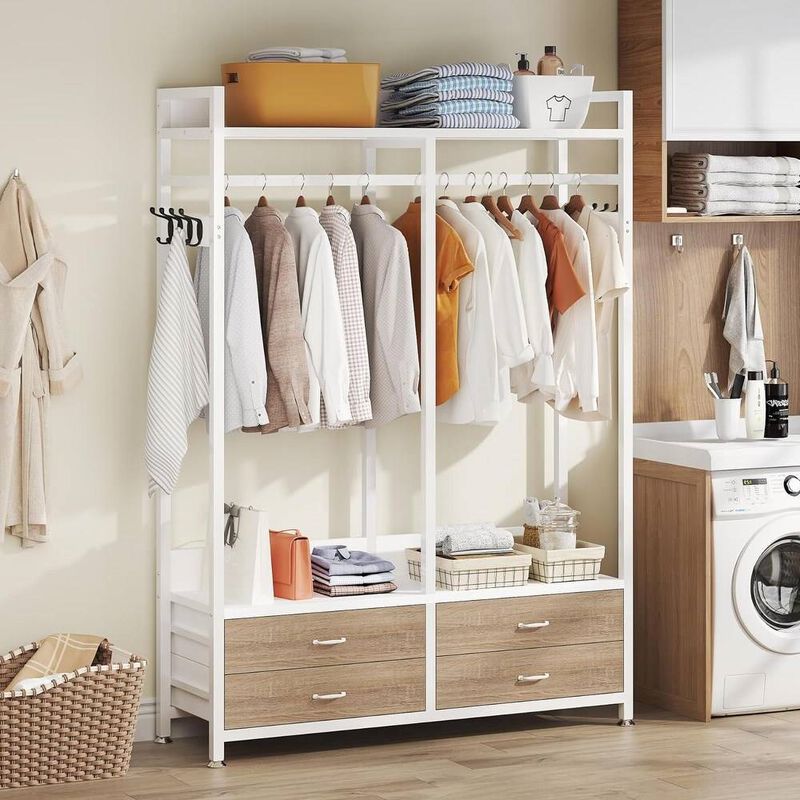 Hivvago Freestanding White Oak Garment Rack Clothes Hanging Rod with 4 Storage Drawers