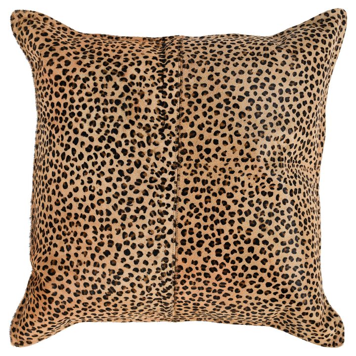 20 x 20 Leather Accent Throw Pillow, Leopard Print Beige Black, Down Insert-Benzara