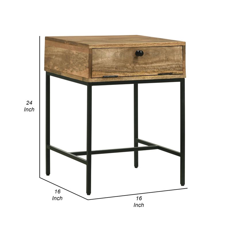 Benjara 24 Inch End Table with Slender Iron Base, Honey Mango Wood Frame, Brown and Black