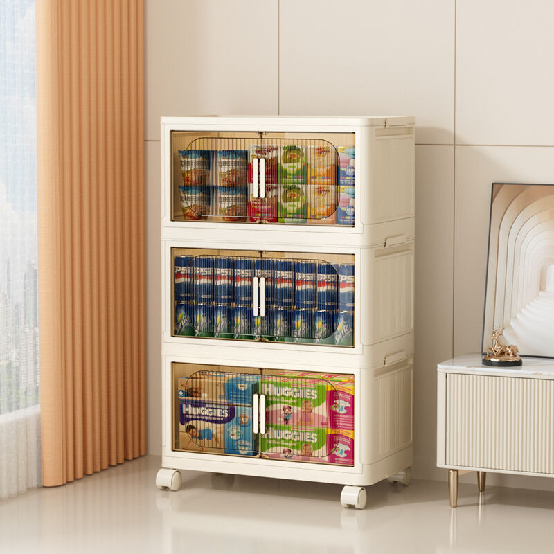 3-Tier Folding Storage Cabinet, Plastic Storage Bins with Magnetic Doors & Wheels for Closet and Home Organization