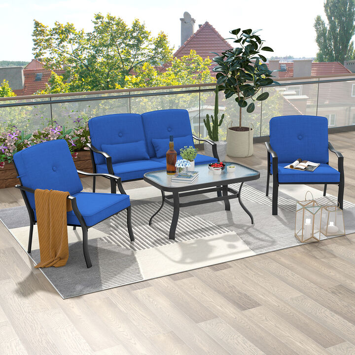 Outdoor Loveseat Chair Set with Tempered Glass Coffee Table