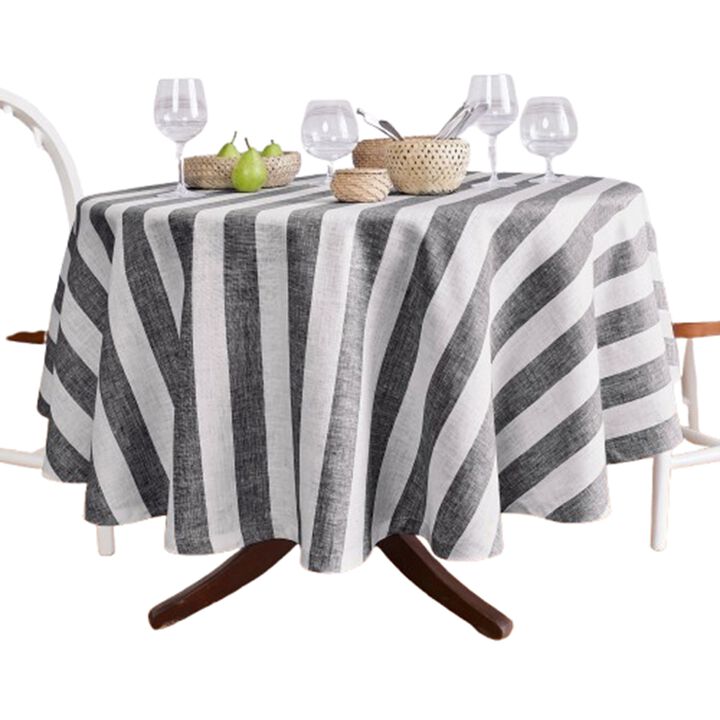 Solino Home 100% Pure Linen Round Tablecloth 70 Inch Diameter | Cabana Stripe