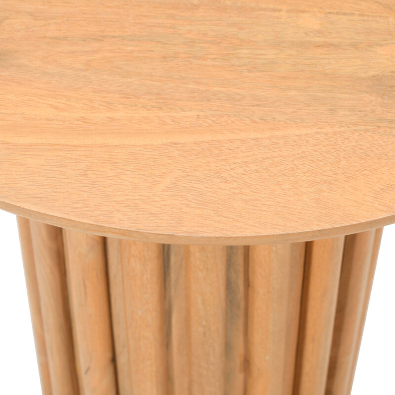 Sejo Side End Table, 20 Inch Round Top with Fluted Base in Natural Brown Mango Wood - Benzara
