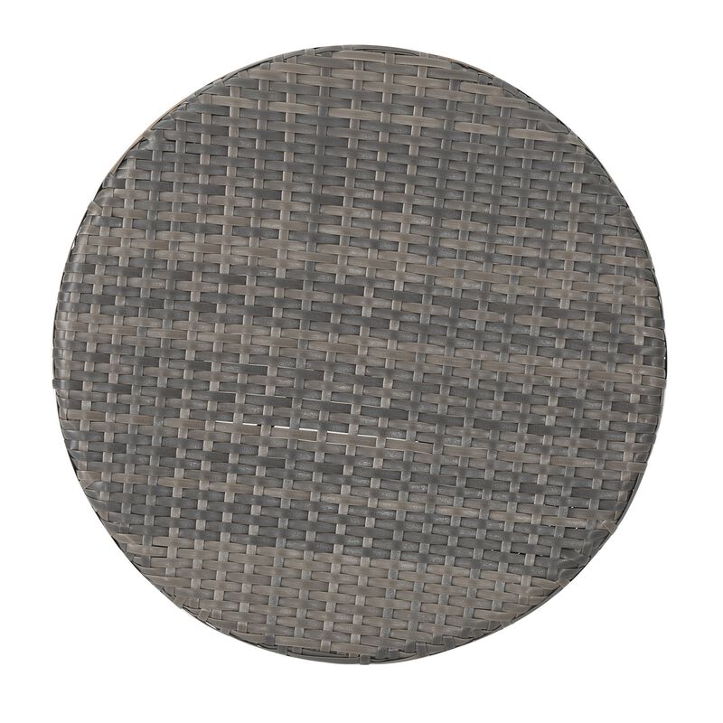 Loco Outdoor Side Table, Hourglass Shape, Round 20 Inch, Gray Rattan - Benzara