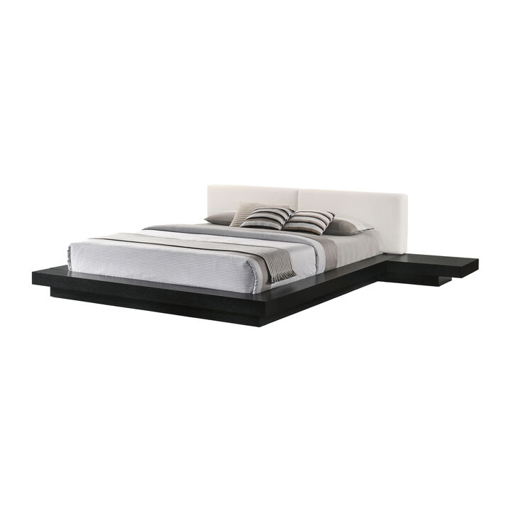 Nia King Platform Bed, White Faux Leather Upholstery Black Nightstands - Benzara