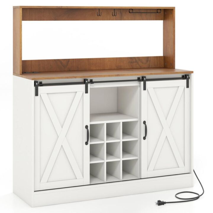 Hivvago Farmhouse Coffee Bar Cabinet with Charging Station and Sliding Barn Doors