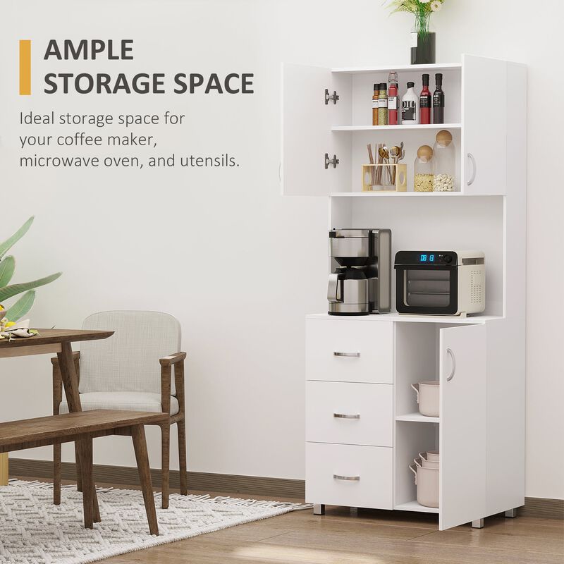 White Kitchen Organizer: Freestanding Hutch Cabinet with Doors and Drawers