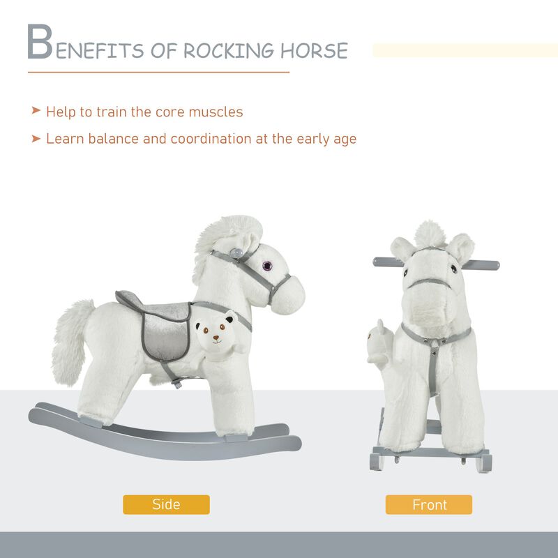 White Plush Pony: Rocking Horse with Bear Toy for Kids
