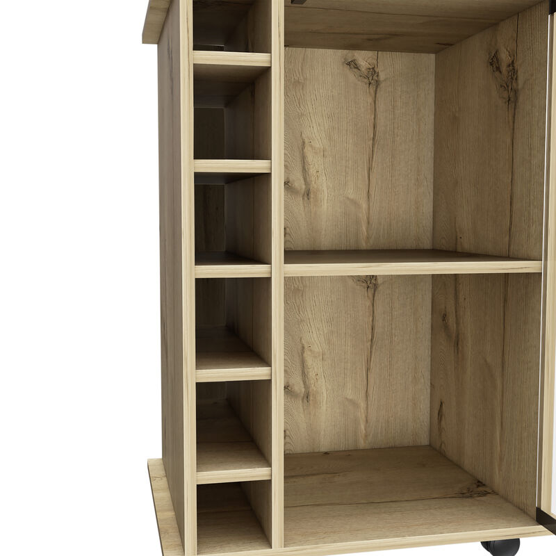 DEPOT E-SHOP Huali Bar Cart, Six Built-in Wine Rack, Glass Door, Four Casters, Two Shelves, Light Oak