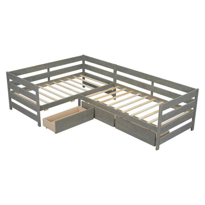 Merax L-shaped Platform Bed with 3 Storage Drawers