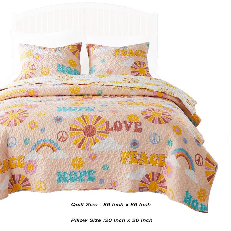 Berlin 3 Piece Microfiber Rainbows and Clouds Print Queen Quilt Set, Beige - Benzara