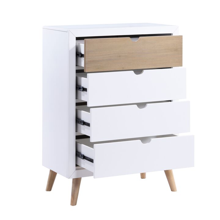 Kara 40 Inch Kids Tall Dresser Chest, 4 Drawers, Open Handles, White, Brown - Benzara Kara 40 Inch Kids Tall Dresser Chest, 4 Drawers, Open Handles, White, Brown - Benzara
