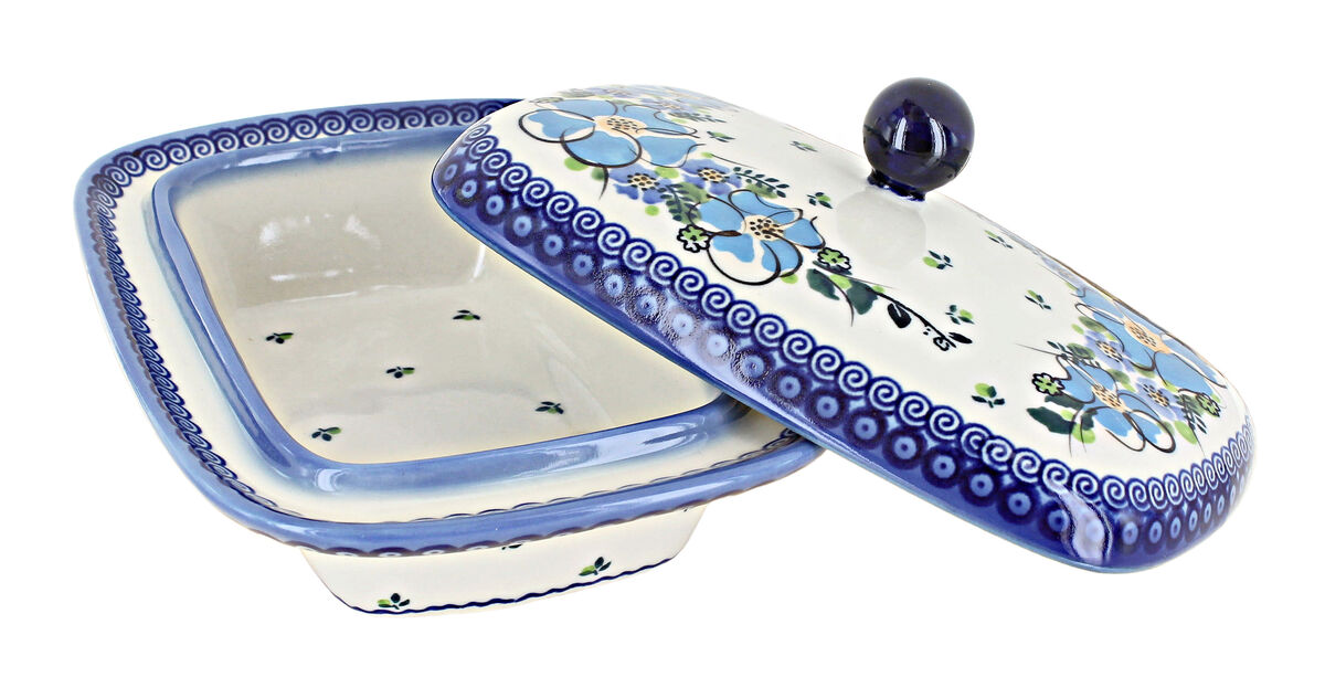 Blue Rose Polish Pottery Cherished Blooms Butter Tub