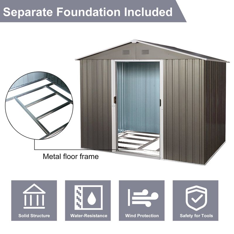 MONDAWE 8ft x 6ft Outdoor Metal Storage Shed with Floor Base,Gray