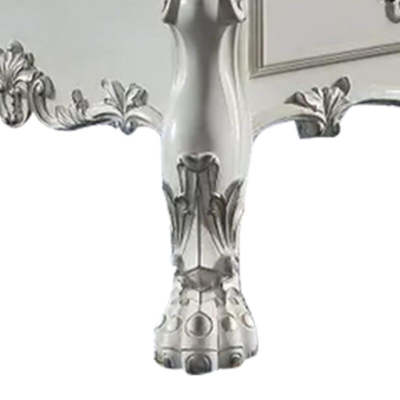 Benjara Ally 57 Inch Coffee Table, Aspen Wood, Classic Ornate Scrollwork, White and Silver