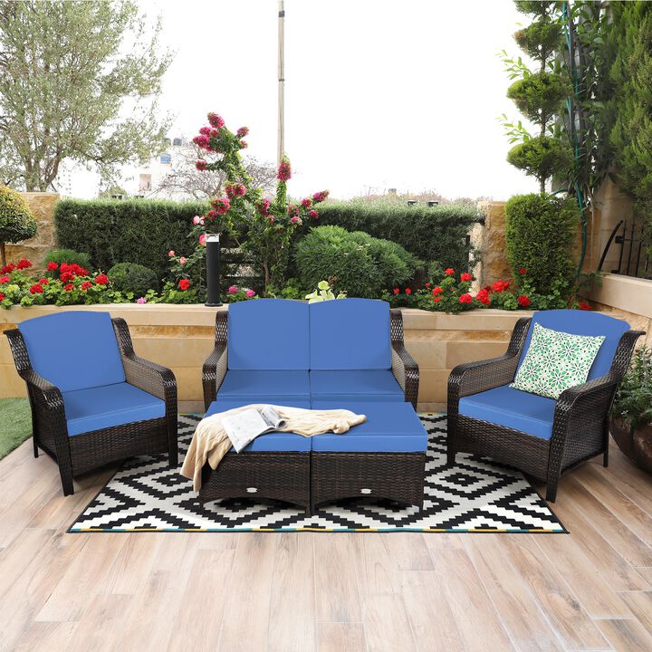 5 Pieces Patio Rattan Sofa Set with Cushion and Ottoman