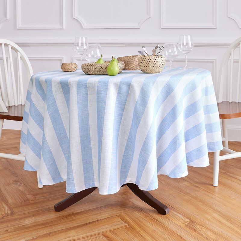 Solino Home 100% Pure Linen Round Tablecloth 70 Inch Diameter | Cabana Stripe