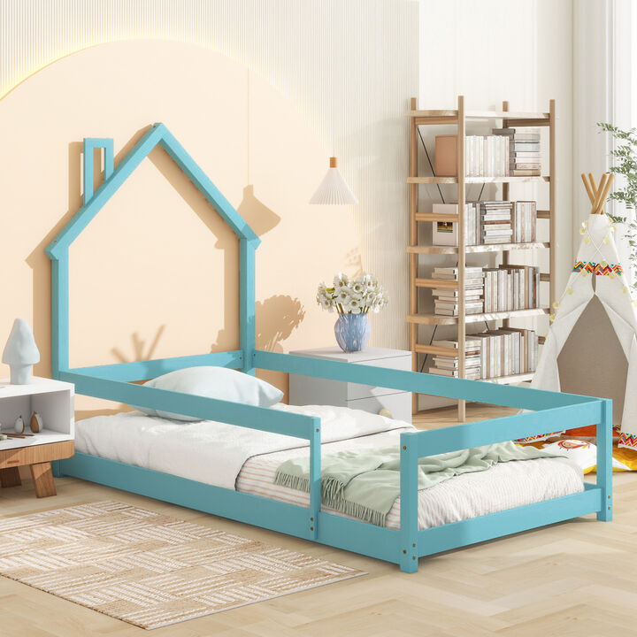 Twin Size Wood Bed With House-Shaped Headboard Floor Bed With Fences, Light Blue