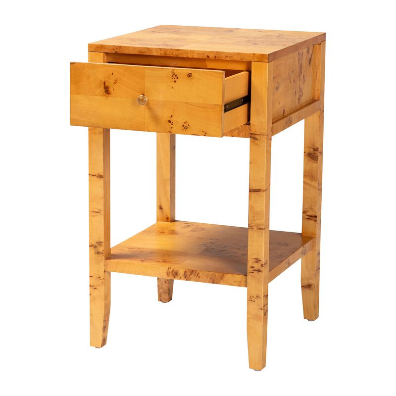 bali & pari Ghina Modern and Contemporary Natural Light Mappa Burl Wood 1 Drawer Nightstand