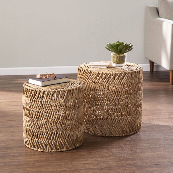 Set Of Two 18"" Natural Woven Rattan End Tables