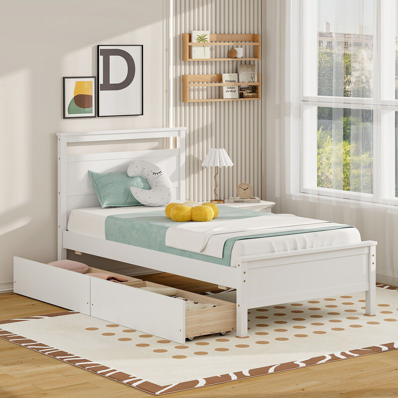 Twin Size Wooden Bed Frame with 2 Drawers for Teens and Adults