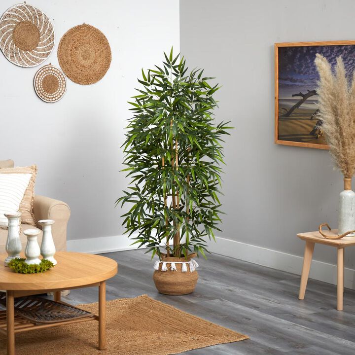 Hivvago 64 Inches Bamboo Artificial Tree with Natural Bamboo Trunks in Boho Chic Handmade Natural Cotton Woven Planter with Tassels