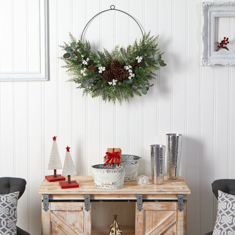 Hivvago 28" Christmas Pine, Eucalyptus, and Berries Metal Circlet Artificial Wreath