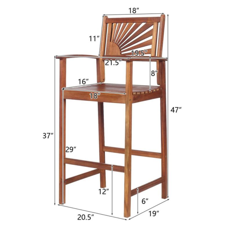 Hivvago 2 Pieces Outdoor Acacia Wood Bar Chairs with Sunflower Backrest and Armrests