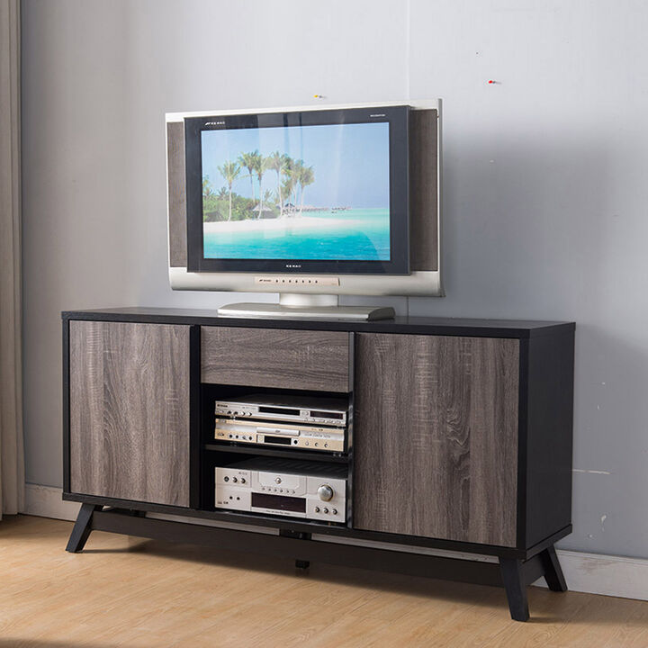 Black & Distressed Grey TV Stand Buffet with 2 Cabinets, 2 Center Shelves and Drawer