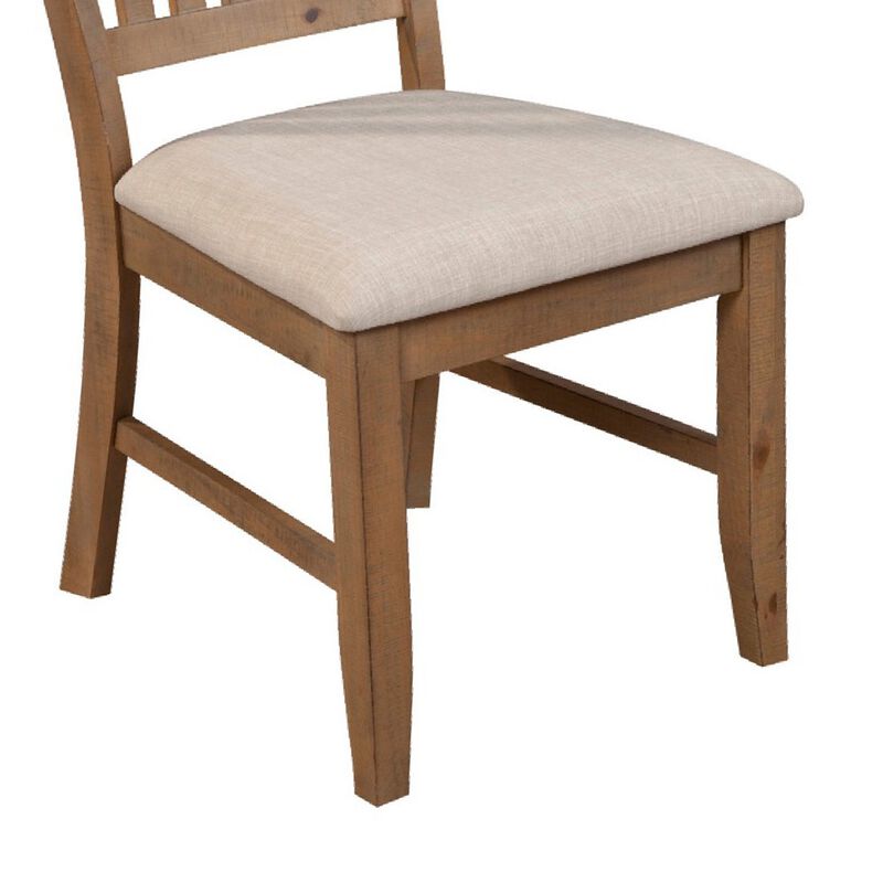 Tess 24 Inch Set of 2 Dining Side Chair, Slatted Back, Beige Cushion, Brown - Benzara