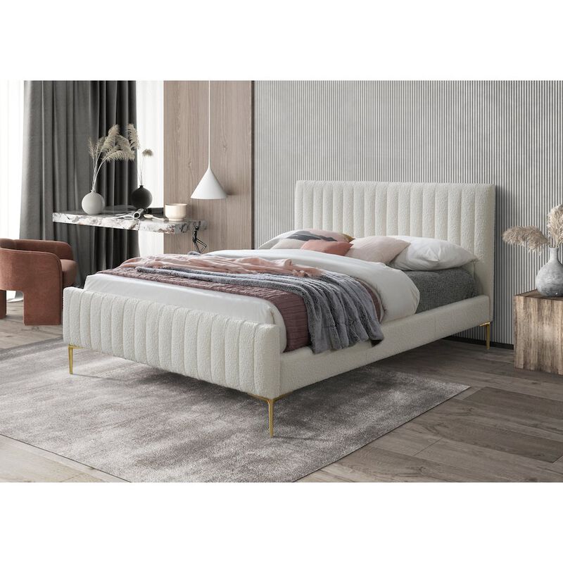 Omax Decor Julia Wood and Fabric Upholstered Queen Platform Bed in White Boucle