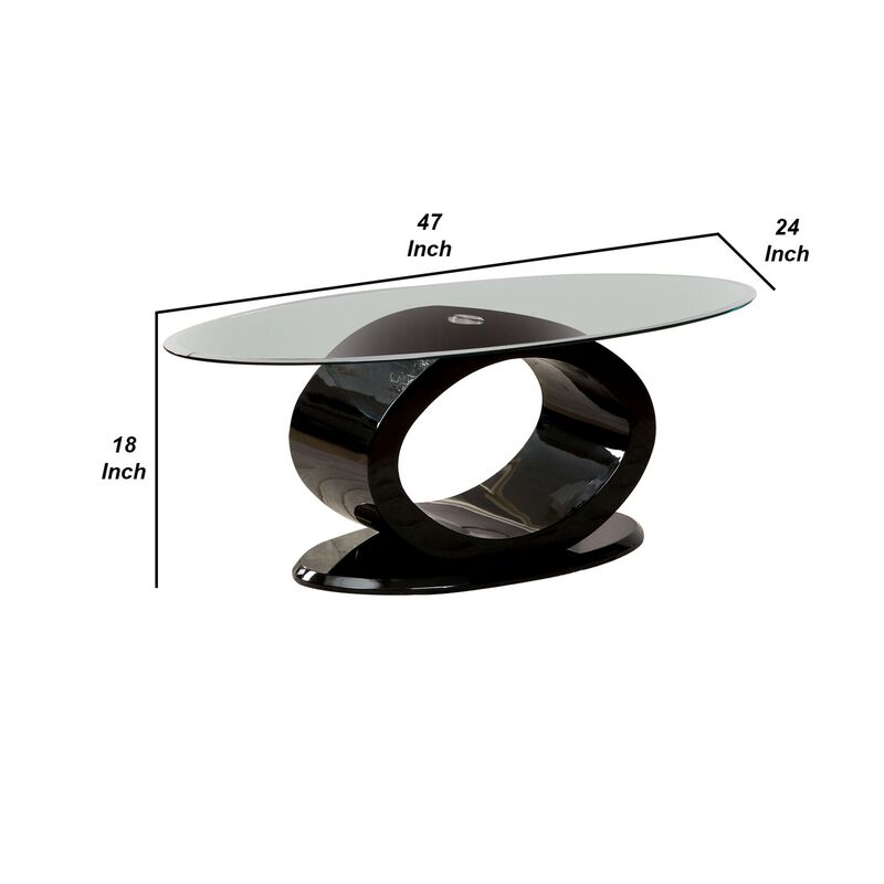 Contemporary Tempered Glass Top Coffee Table with O Shape Base, Black-Benzara