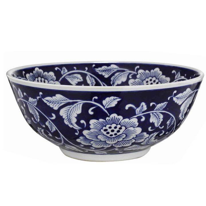 Round Ceramic Bowl with Floral Print, Set of 2, Blue And White, - Benzara