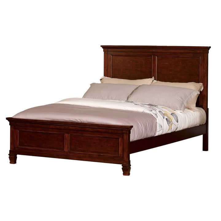 Umi Queen Size Bed, Classic Panel Design with Molded Details, Brown Wood - Benzara