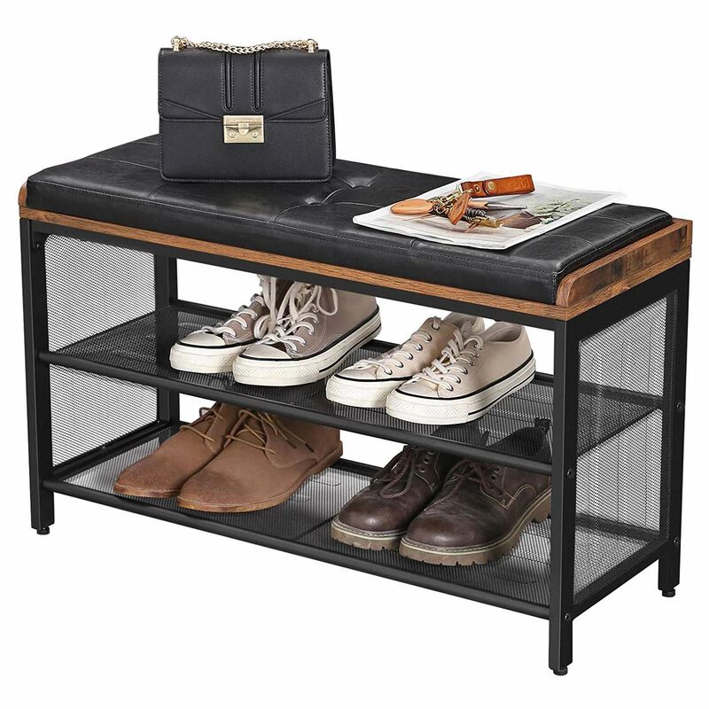 QuikFurn Black Metal Entryway Shoe Rack Storage Bench with Padded Seat Cushion