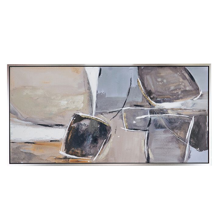 30 x 59  Abstract Oil Painting, Rectanglular Poly Canvas, Wood, Beige, Gray - Benzara