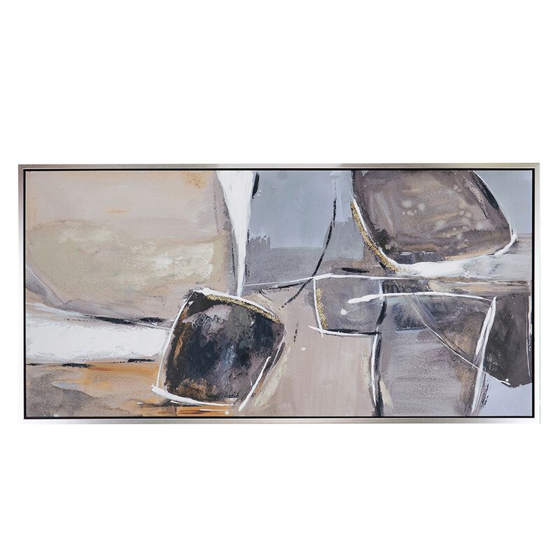 30 x 59  Abstract Oil Painting, Rectanglular Poly Canvas, Wood, Beige, Gray - Benzara