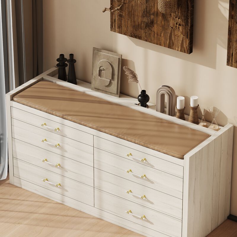 FUFU&GAGA 8-Drawer Bedroom Island Storage Cabinet, White Finish with Wood Grain, Gold and White Handles (66.5" W x 23.6" D x 31.5" H),White