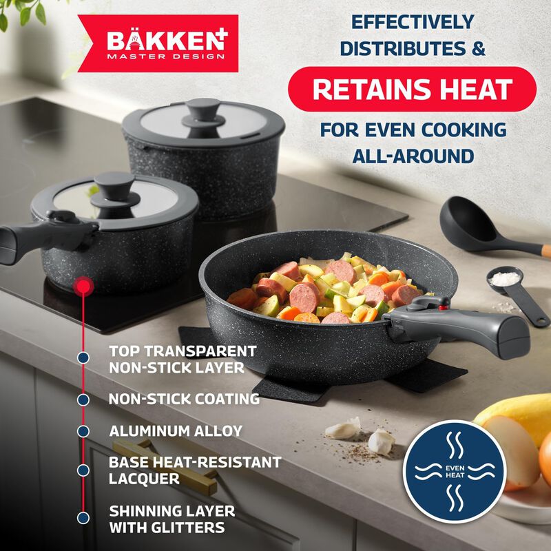 Bakken Master 38 Piece Granite Cookware and Bakeware Set – Nonstick Granite Coating, Pots and Pans with Detachable Handles and Tempered Glass Lids, 6-piece Bakeware set, 12-piece Mixing Bowls