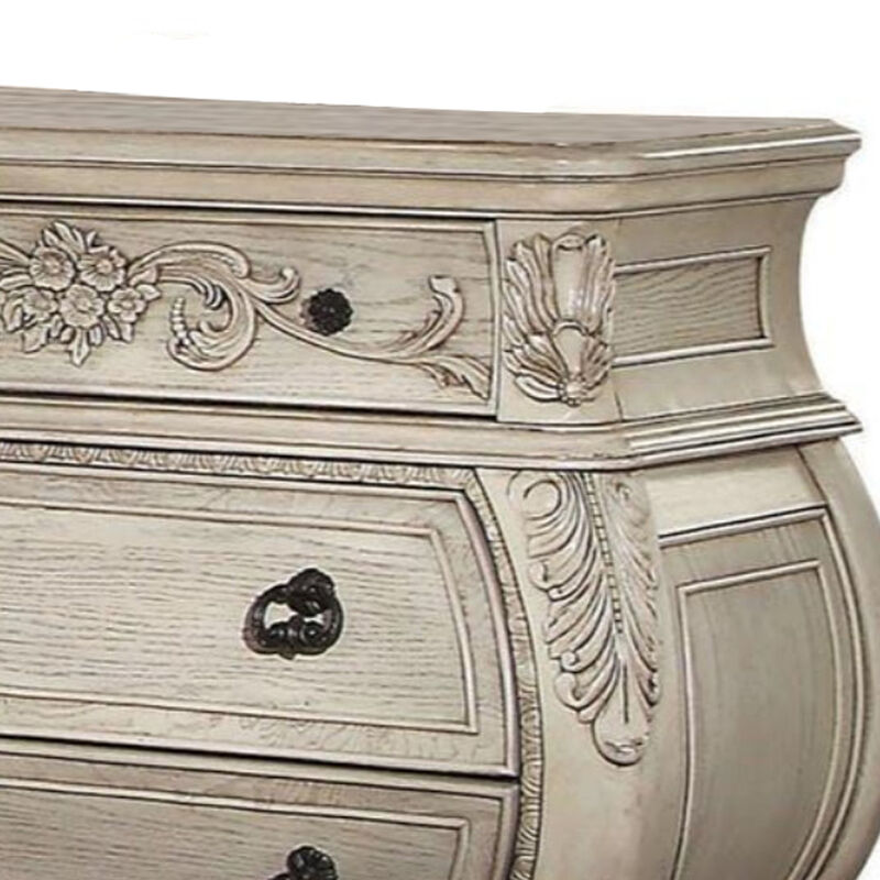 Three Drawer Wooden Nightstand With Scrolled Feet, Antique White-Benzara