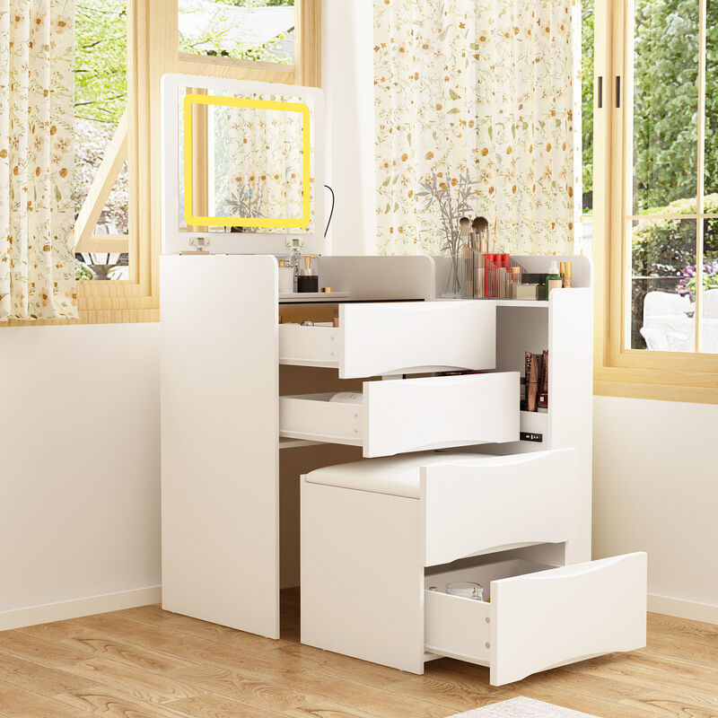 FUFU&GAGA Makeup Vanity with LED Lighted Mirror, Storage Drawers, Shelves, and Cushioned Stool (24.1" W x 15.7" D x 47.2" H), White