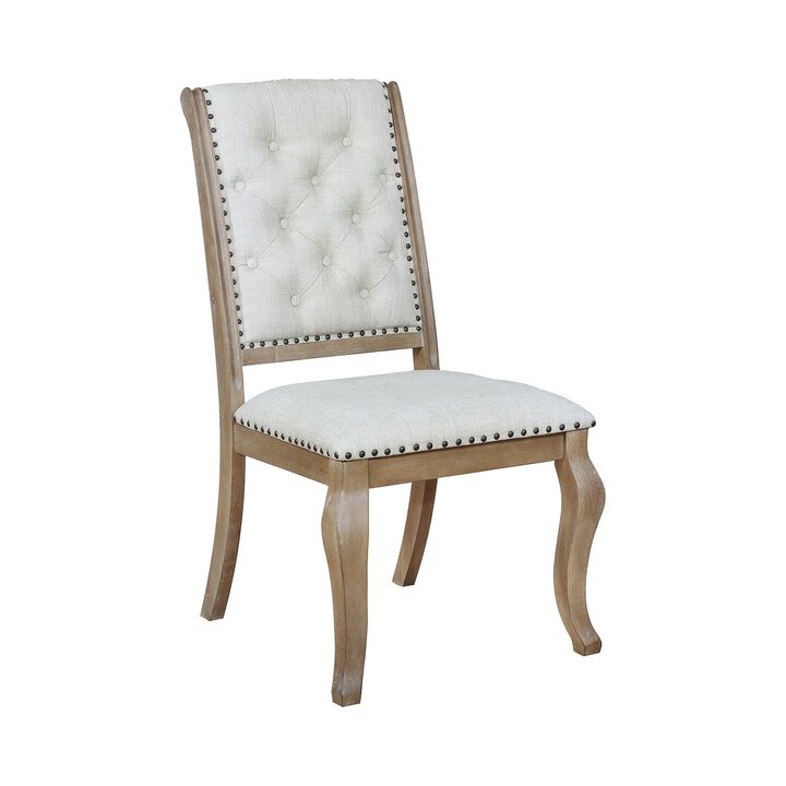 Button Tufted Fabric Side Chair with Cabriole Legs,Set of 2,Brown and Cream-Benzara