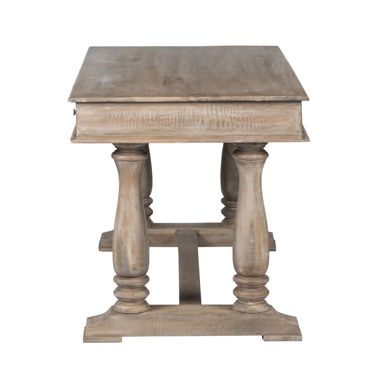 Aurice Writing Desk with Classic Turned Legs 59 Inch, Farmhouse Antique Graywash Mango Wood