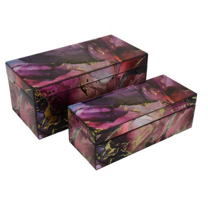 Dory Decorative Box Set of 2, Pink Gold Faux Agate Stone Accent Glass - Benzara
