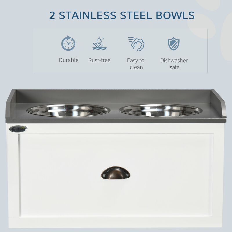 White Pet Feeder: Raised Dish Set with Storage Drawer & Steel Bowls