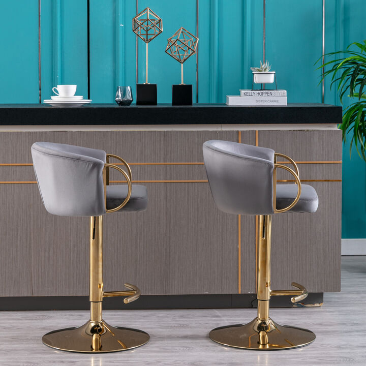 Set of 2 Bar Stools, with Chrome Footrest and Base Swivel Height Adjustable Mechanical Lifting Velvet + Golden Leg Simple Bar Stool-Grey